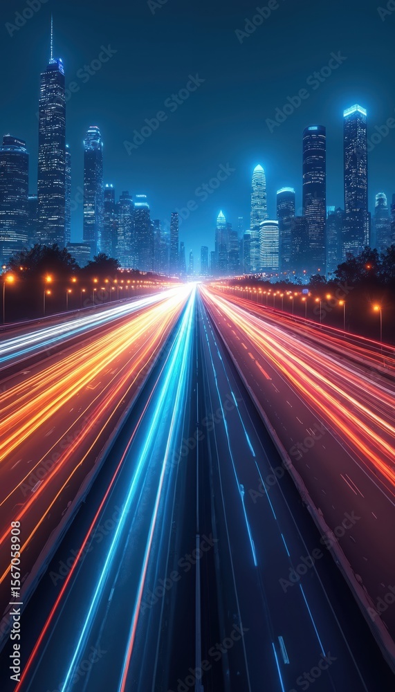 Aufkleber night cityscape with digital data stream on highway. futuristic urban tech concept with glowing ligh