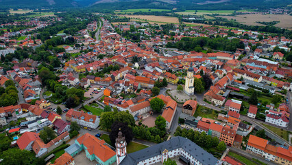 Aerial view of the old town Ohrdruf in Germany on a sunny afternoon in spring

