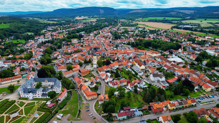 Aerial view of the old town Ohrdruf in Germany on a sunny afternoon in spring

