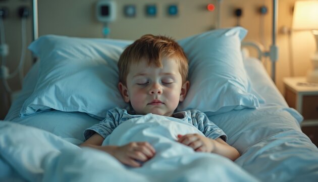Young caucasian boy sleeps peacefully in hospital bed. Child in blue pajamas resting under white blanket. Medical treatment concept. Healthcare. Pediatric, medicine. Illness. Baby sleeping.