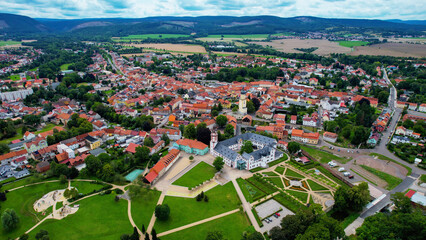 Aerial view of the old town Ohrdruf in Germany on a sunny afternoon in spring

