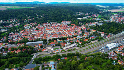 Aerial view of the old town Meiningen in Germany on a sunny afternoon in spring

