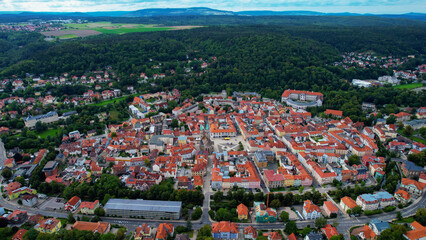 Aerial view of the old town Meiningen in Germany on a sunny afternoon in spring


