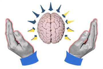 Black and white hands and human's brain. Modern collage style. Illustration on transparent background