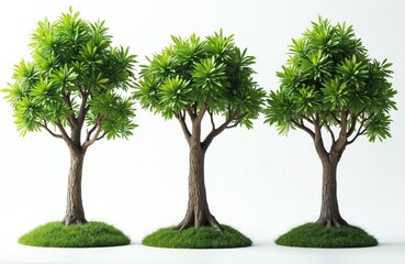 Three diverse trees isolated on white background. Green foliage trees in front view, each growing on a small green lawn. Ideal eco, design, nature photo, illustration and for product demo.