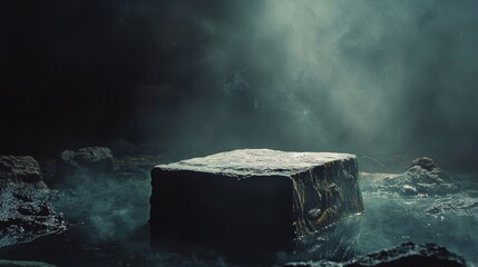 Mysterious smoky environment with floating package on dark rocky surface for fantasy dramatic mystery concept photo