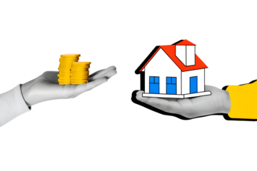 One hand holding a stacks of gold coins and other hand holding a small red house - home purchase. Modern photo collage style. Illustration on transparent background 