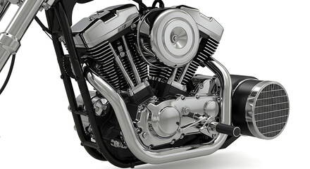 A meticulously detailed studio shot of a classic V-twin motorcycle engine, the heart of a custom chopper or cruiser, isolated on a clean white background.