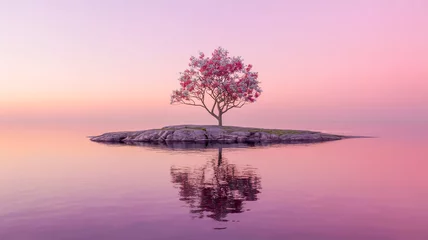 Fototapeten A serene landscape photograph of a single tree standing on a small rocky island, perfectly reflected in still water. © MD