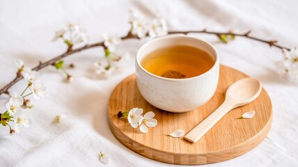 A serene still life photograph of a white ceramic teacup filled with light brown tea, positioned on a round natural wooden cutting board
