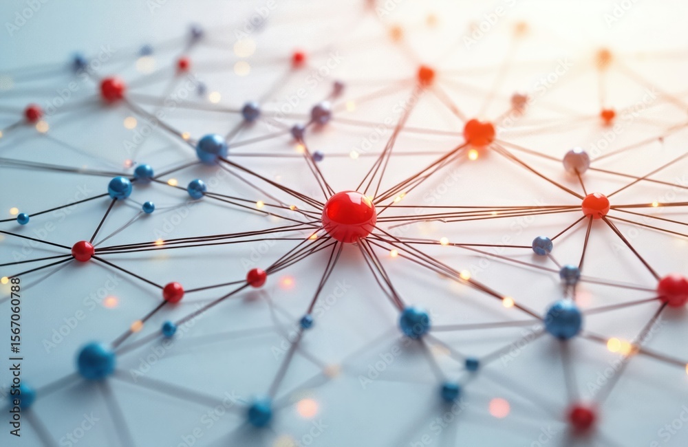 Aufkleber Abstract network pattern with interconnected nodes, lines. Red, blue, gray spheres form complex structure. Lines between nodes show connection. Visual representation of technology communication,