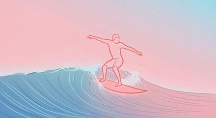 Surfer riding a wave in colorful sunset background  