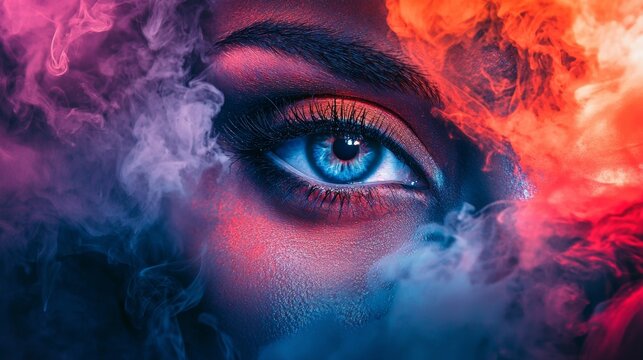 Fantasy styled blue eye with dramatic red clouds and abstract smoke in artistic beauty portrait concept