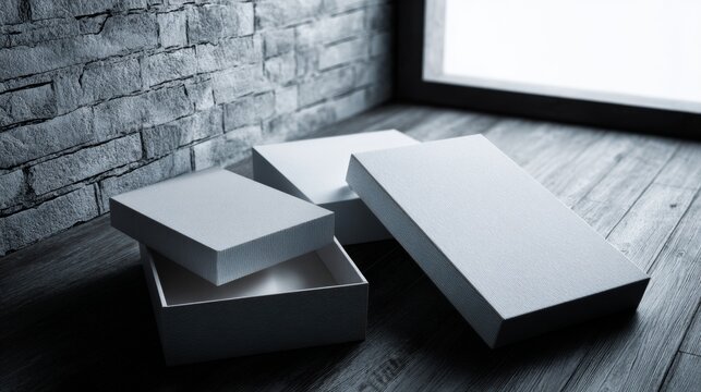 Black and white minimalist scene with open packaging boxes on wooden floor in natural light shadows