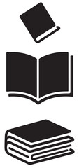 A black and white vector image depicts three book icons: a single closed book, an open book, and a stack of three closed books.