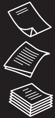 A black and white vector image depicts three sets of documents: a single sheet with a curled corner, a small stack with text, and a larger stack with text.