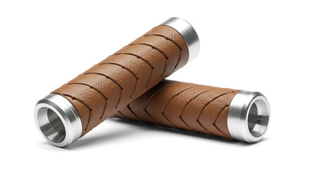A pair of luxurious brown leather handlebar grips with elegant silver aluminum locking collars, isolated on a clean white background. 