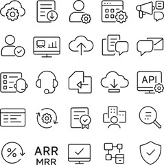 A collection of modern outline icons representing various business and technology concepts including cloud computing data management user profiles and communication tools