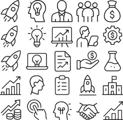 Fototapeta premium Collection of business and finance icons including rockets lightbulbs graphs money bags people and hand gestures symbolizing growth and success