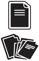 
A vector image featuring two black icons: a single document with folded corner and text lines, and a stack of multiple documents.