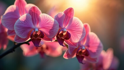 Obraz premium Closeup of beautiful pink orchids blooming in garden. Delicate floral pattern with soft focus background. Nature plant in full bloom, petals. Perfect for wedding design or romantic greeting card.