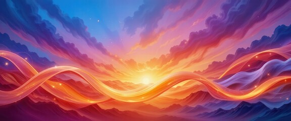 Colorful sunset over mountains with flowing ribbons of light and vibrant clouds