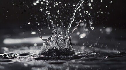 Black and white high speed water splash captured in motion for dramatic liquid texture abstract photography layout
