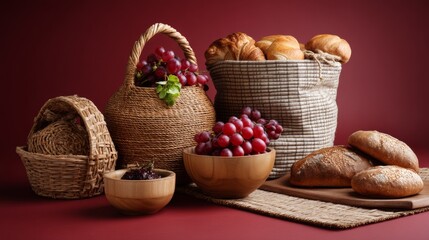 Rustic bread and basket setup with red berries on red background for holiday seasonal kitchen display layout photography