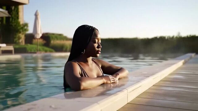 Black woman relaxing in swimming pool at resort. A peaceful portrait of leisure and well-being. Luxury lifestyle, self-care retreat, summer relaxation.