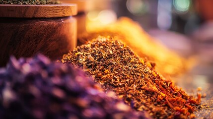 Golden glow over piles of exotic spices in market for culinary travel vibrant photography background concept layout