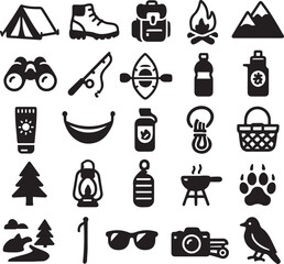 Collection of black and white camping and outdoor adventure icons including a tent hiking boots backpack campfire mountains binoculars fishing rod kayak water bottle sunscreen banana lantern sleeping 