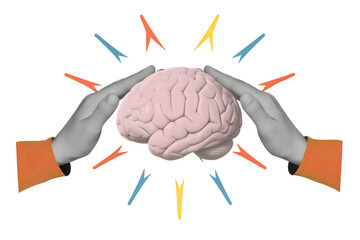 Black and white hands and human's brain. Modern collage style. Illustration on transparent background