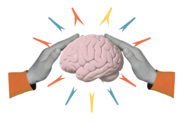Black and white hands and human's brain. Modern collage style. Illustration on transparent background