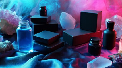 Modern skincare product packaging with glass bottles and glowing light on silky fabric for cosmetic photography layout scene