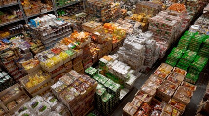 Overhead view of supermarket aisle filled with packaged food goods for grocery retail distribution layout