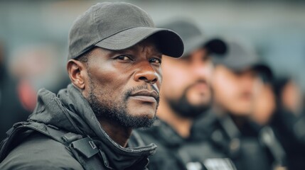 Obraz premium security, professional, uniform, attention, event, demeanor, officer, guard, protection, safety, authority, military, police, defense, vigilance, surveillance, corporate, enforcement, leadership, resp