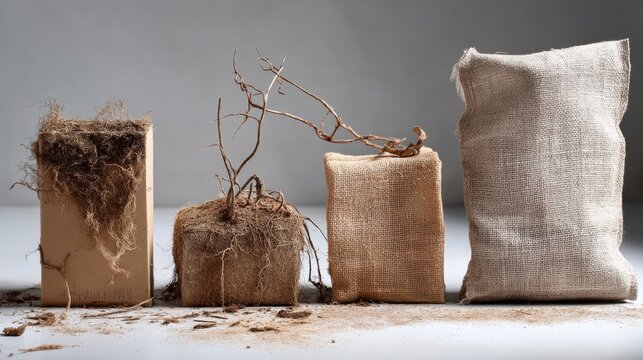 Rustic fabric sacks and burlap bags filled with grain on white surface for packaging photography layout agriculture theme