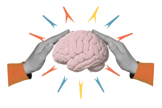 Black and white hands and human's brain. Modern collage style. Illustration on transparent background