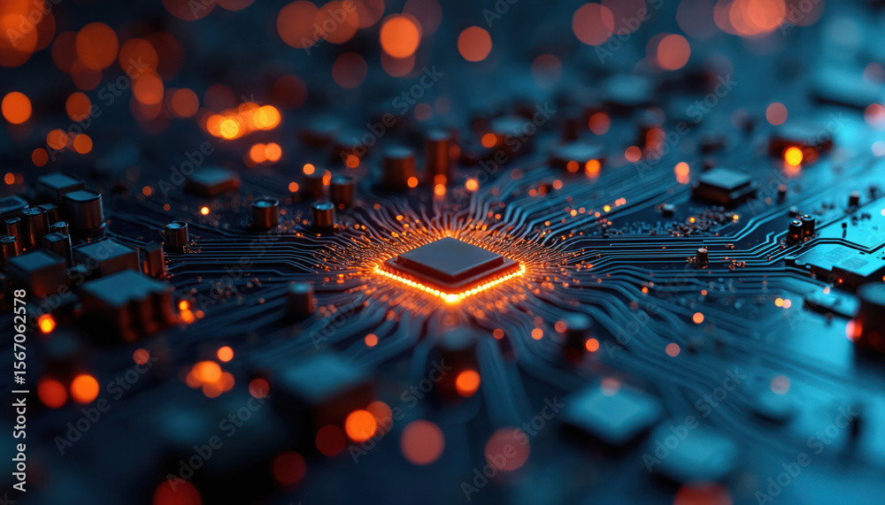 Poster Futuristic computer processor in modern tech style. Glowing circuit board, data flow, microchip with network connections. Abstract background for business, finance, tech, innovation, digital