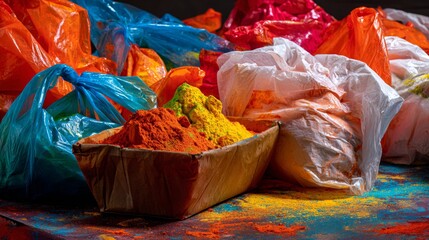 Color powder pigments in open bags on street market for festival celebration and culture photography layout