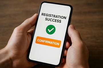Registration success message on mobile phone screen confirmation app notification signup complete online