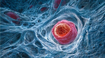 In a microscopic environment full of life, red biological cells are interconnected by various structures, as seen in a close-up