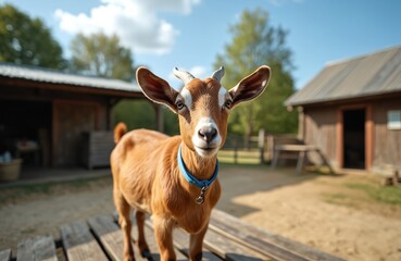 Portrait of young goat. Smiling, looking straight, wearing blue collar. Farm animal, farming on rural countryside. Agriculture, livestock, milk, cheese production concept. Healthy lifestyle, eco food.