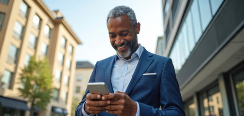 Happy African businessman using smartphone in city. Mature ceo smiling, reading email online. Corporate travel with mobile phone, hotel checkin. Modern tech communication, outdoor business.