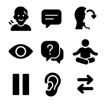 Active Listening Icons. Solid, filled icon set of active listening techniques: nodding person, paraphrasing bubble, reflective