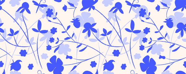 Seamless floral pattern with blue silhouettes of wildflowers, leaves, berries and dragonflies on a light beige background. Delicate hand drawn botanical design for textiles, print, wrapping, and decor