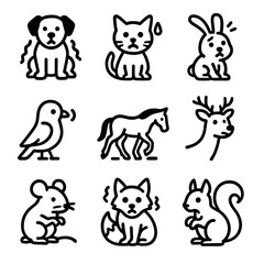 Fototapeta premium Animal Nervousness Icons. Solid, filled icon set of nervousness in animals: trembling dog, sweating cat, anxious rabbit, worried