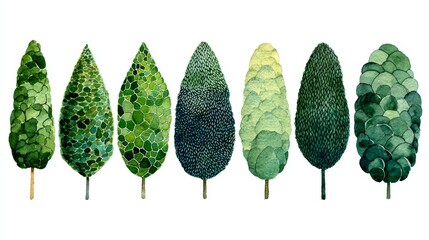 Watercolor illustrations featuring diverse trees and grass tops are perfect for incorporating into landscape design layouts and architectural plans, offering a range of tree shapes and sizes to suit