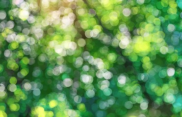 Fototapeta premium Blurred green foliage, sun flares, and defocused circles create an abstract natural background suitable for eco, nature, spring, growth, and Earth Day themes