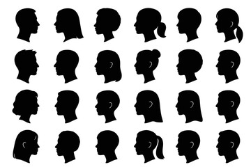 20 black profile silhouette icons. Men and women with varied hairstyles in clean vector style for avatar or icon sets.
